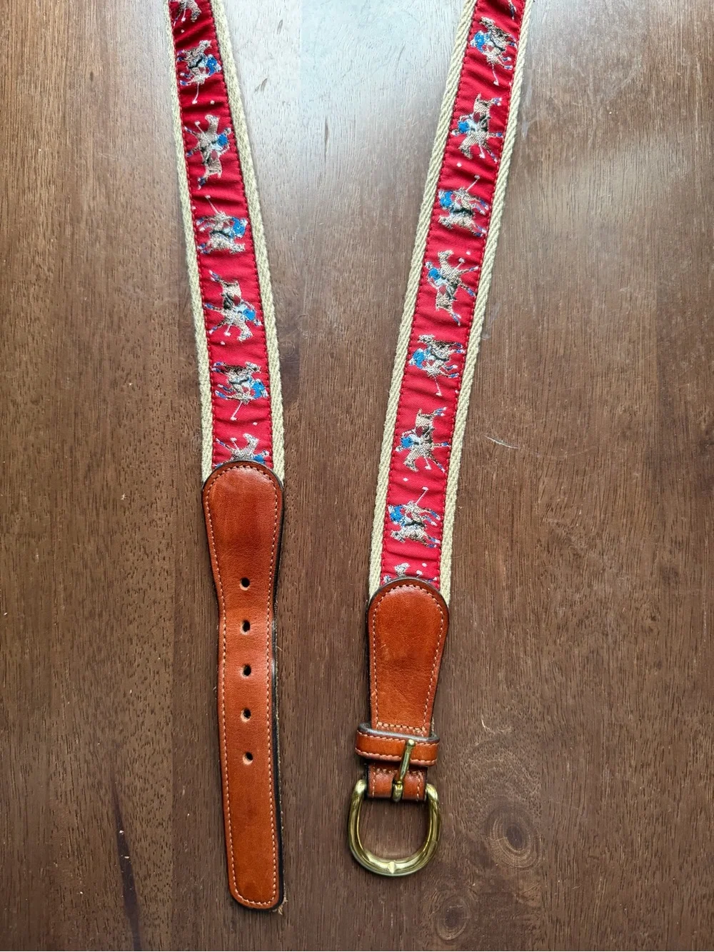 Jos. A. Bank Red Equestrian Ribbon Belt with Brown Leather and Gold Buckle